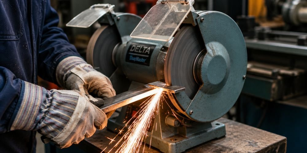 Amoladora estática de banco en taller de metal
