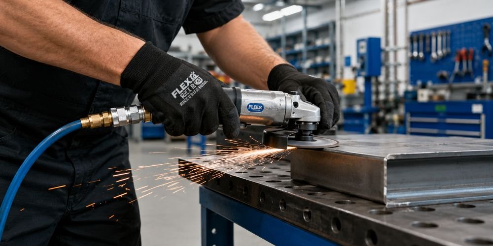 Amoladora neumática en uso en taller de metalurgia con manguera de aire comprimido conectada