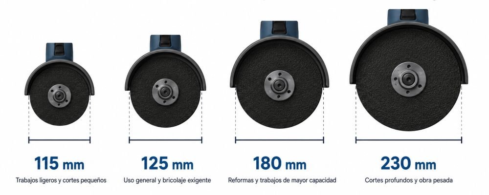 Tamaños de disco para amoladora angular: 115mm, 125mm, 180mm y 230mm