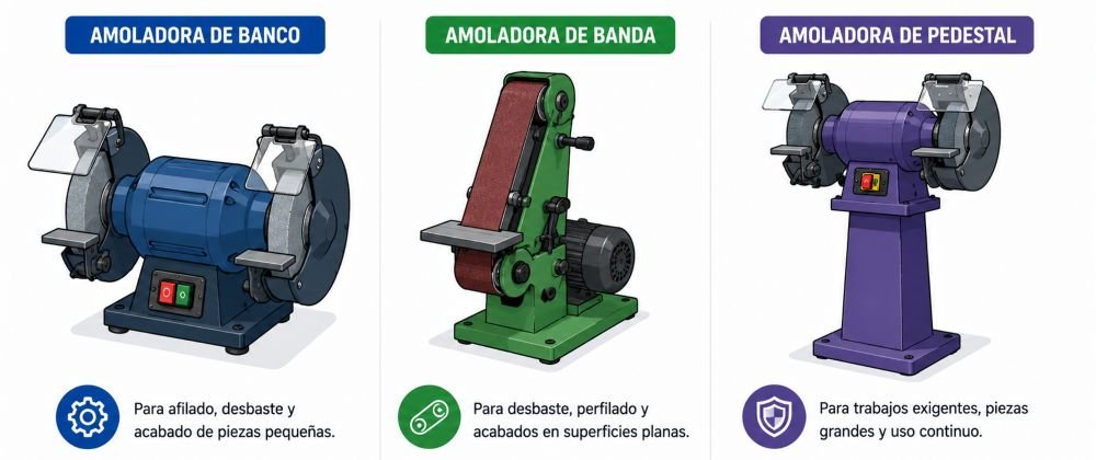 Tipos de amoladoras estáticas: de banco, de banda y de pedestal