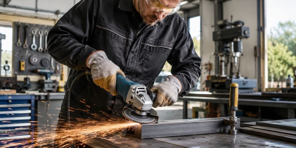 Amoladora angular en uso en taller, herramienta versátil para cortar, desbastar y pulir