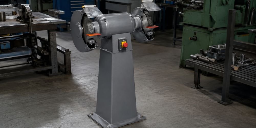 Amoladora de pedestal en taller industrial de metal
