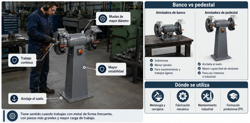 Amoladora de pedestal en uso en taller de metalurgia: cuándo y por qué elegirla