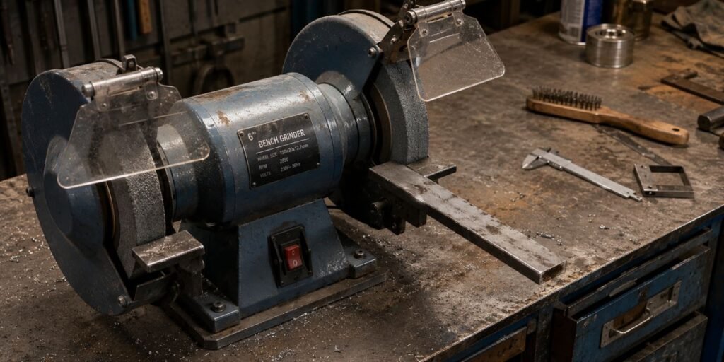 Amoladora estática de banco fija en taller de metal