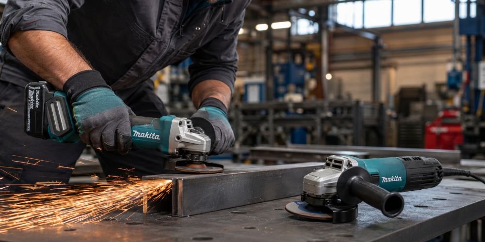 Amoladoras Makita LXT y con cable en entorno de construcción profesional