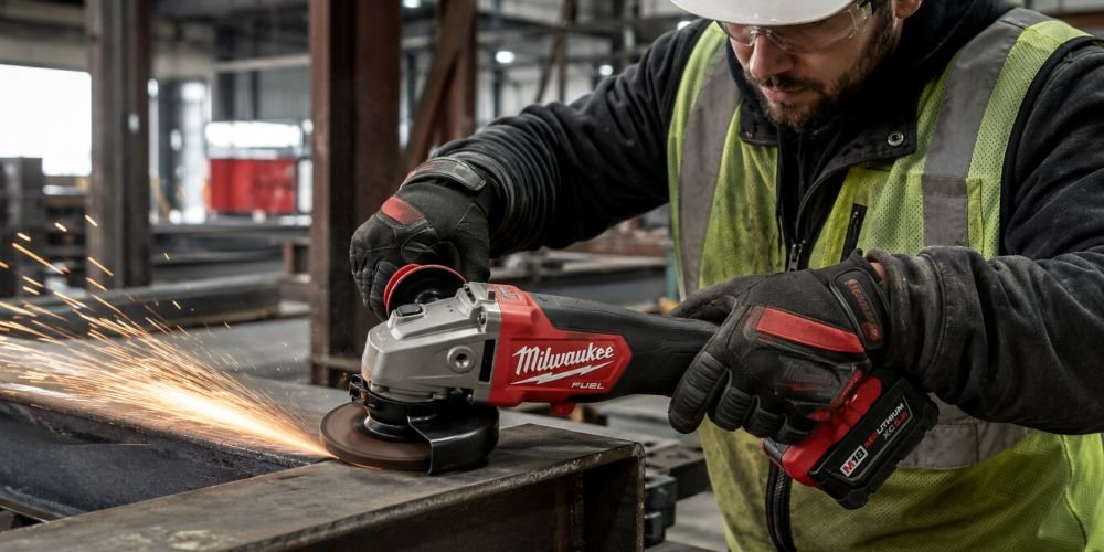 Amoladoras Milwaukee M18 en entorno de construcción profesional