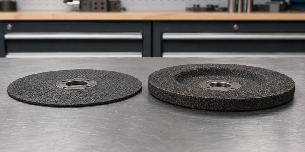 Comparativa de espesor entre disco de corte (1-2 mm) y disco de desbaste (4-7 mm) para amoladora