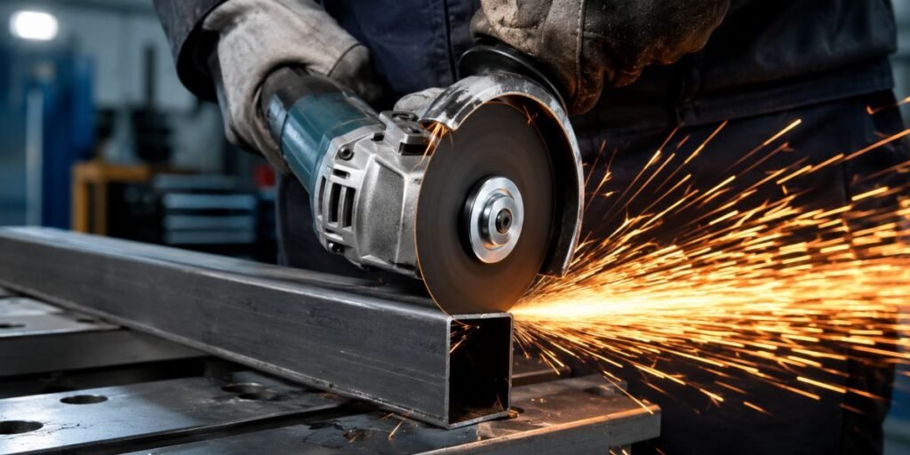 Disco de corte para amoladora en uso sobre perfil metálico