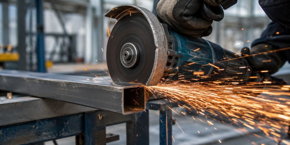 Disco de corte para amoladora en uso sobre perfil metálico con proyección de chispas
