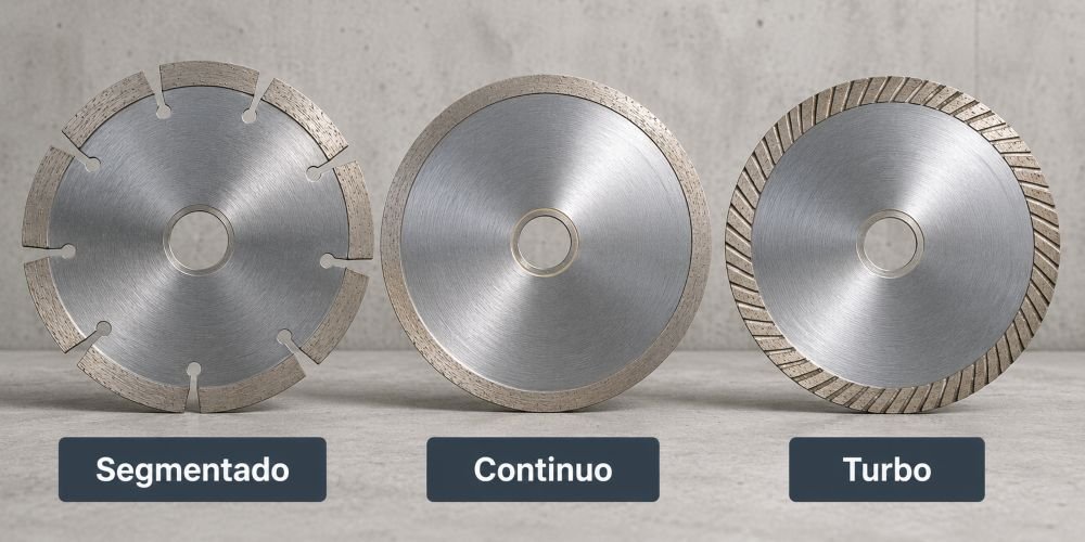 Tipos de disco de diamante para amoladora_ segmentado, continuo y turbo con diferencias visuales